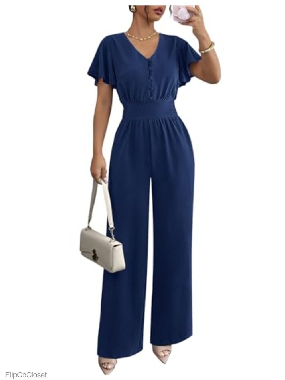 Ruffle Short Sleeve V Neck Wide Leg Jumpsuit Dressy Romper
